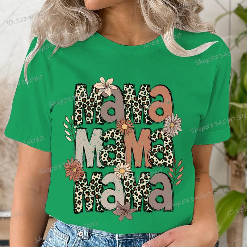Fashion Funny Leopard Mama Flower Print Kids Short Sleeves T-Shirt Loose Casual Summer Outdoor Street Boy and Girl Tees Tops