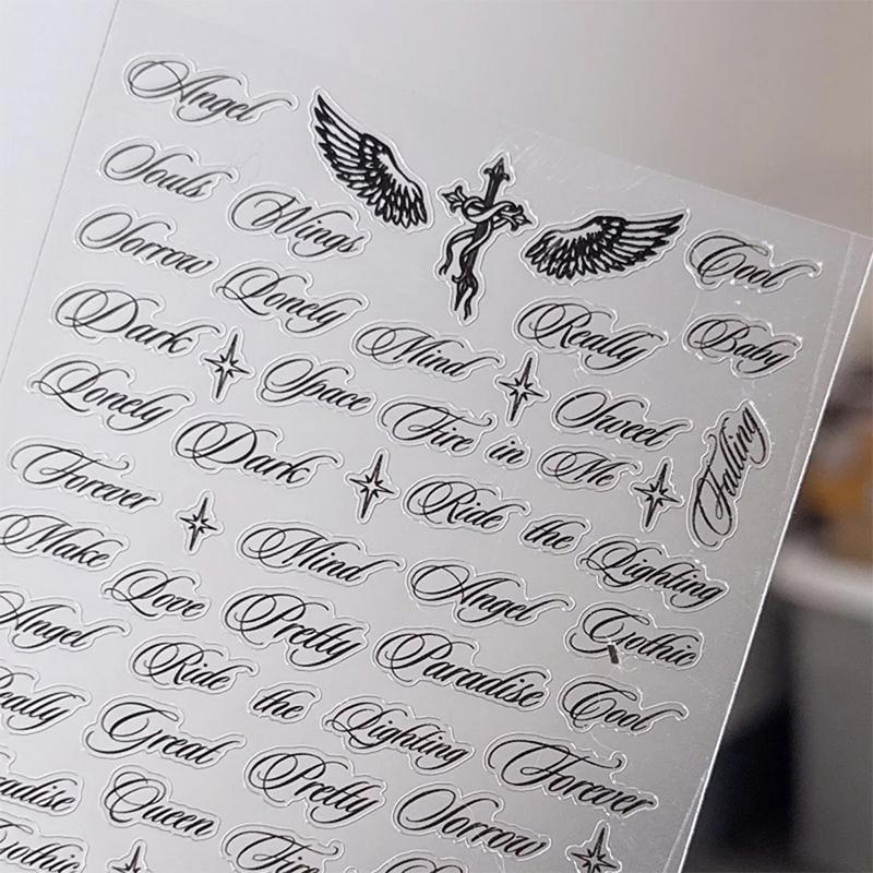 Black White Nail Stickers with Letters 3D Angel Wings Alphabet Mixed Styles Nail Decals for Professional Manicure Sets