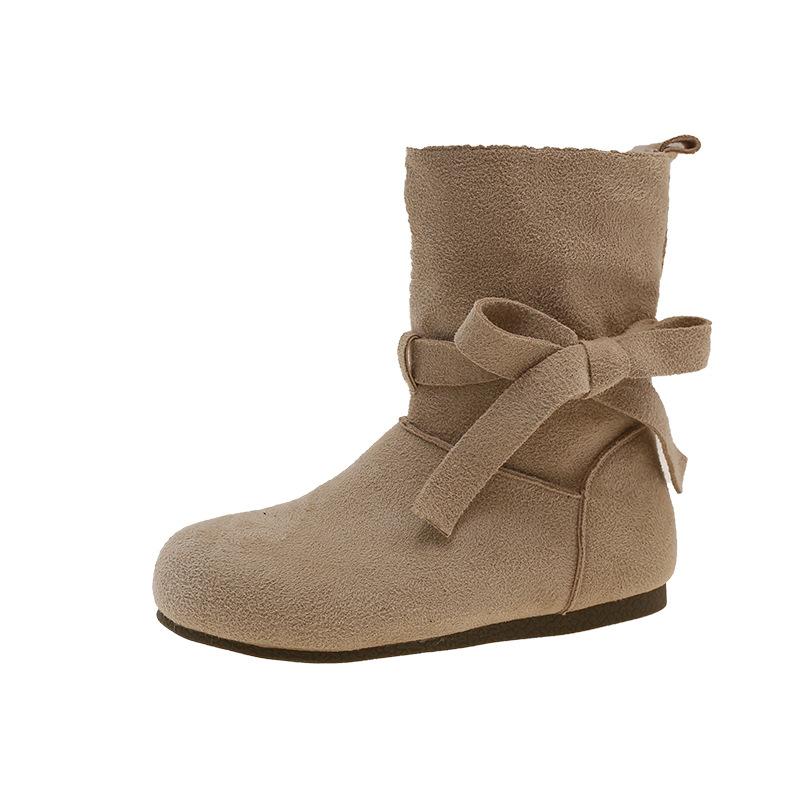 Internet celebrities with the same French lace-up round head soft bottom short tube women's 2025 autumn and winter new flat bottom inner height-increa
