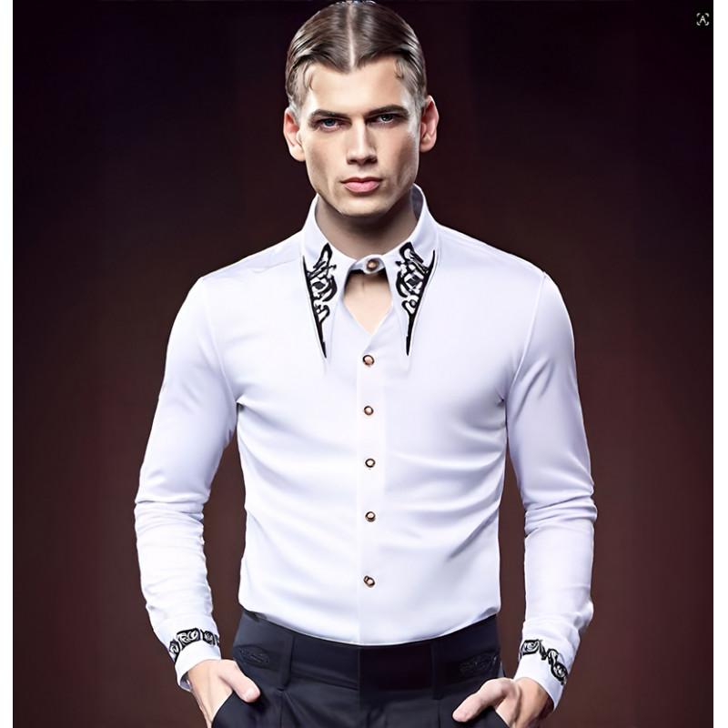 

New Fashion Design Men s Long Sleeve Shirt European and American Palace Embroidered Shirts Male Casual Social Party Nightclub XXL білий