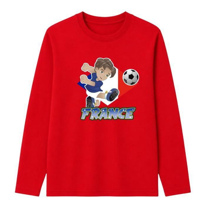 Tee-Shirt Manches Longues Enfant Footballeur France - 100% Coton - Rouge