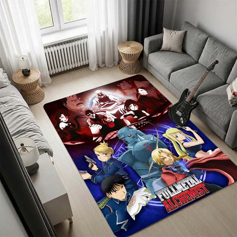 Fullmetal Alchemist Rug, All Characters Heroes and Villains Anime Print Carpet, Red Blue Living Room Game Room Floor Mat