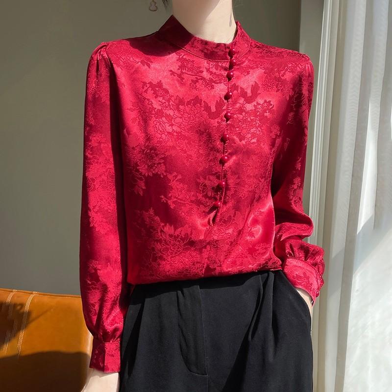 Satinseidenbluse für Damen mit Stehkragen und Taschen für Büro und Freizeit