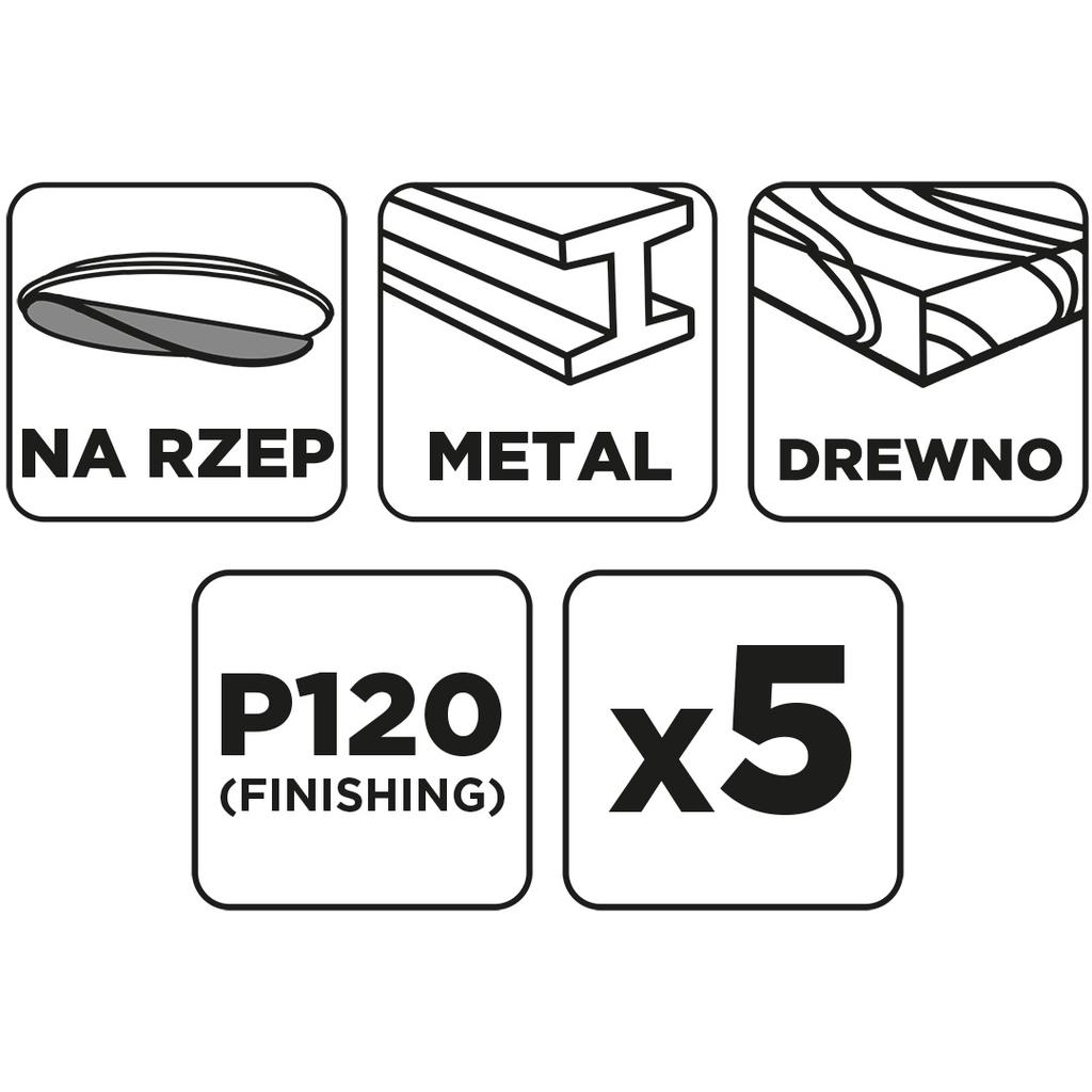 Krążki ścierne na rzep 150 mm, P120, 5 szt., bez otworów
