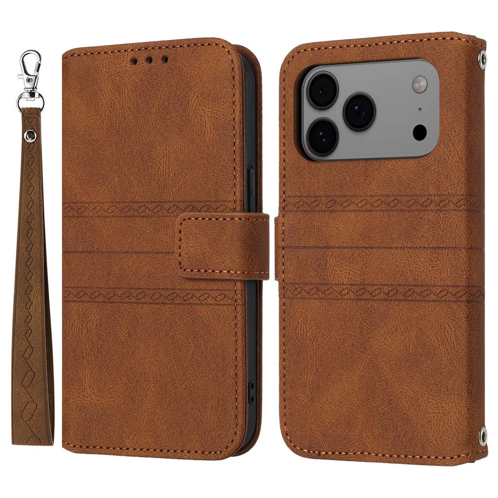 For iPhone 17 Pro Max Case Wallet Skin-Touch Leather Imprinted Phone Cover with Wrist Strap