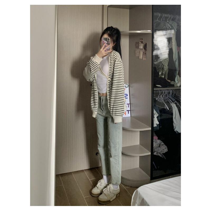 Amerikanischer Stil Lässiger Cardigan Gestreifte Sweatjacke für Damen Frühling Herbst Winter Neu Locker Mit Kapuze Hongkong Stil Oberteil