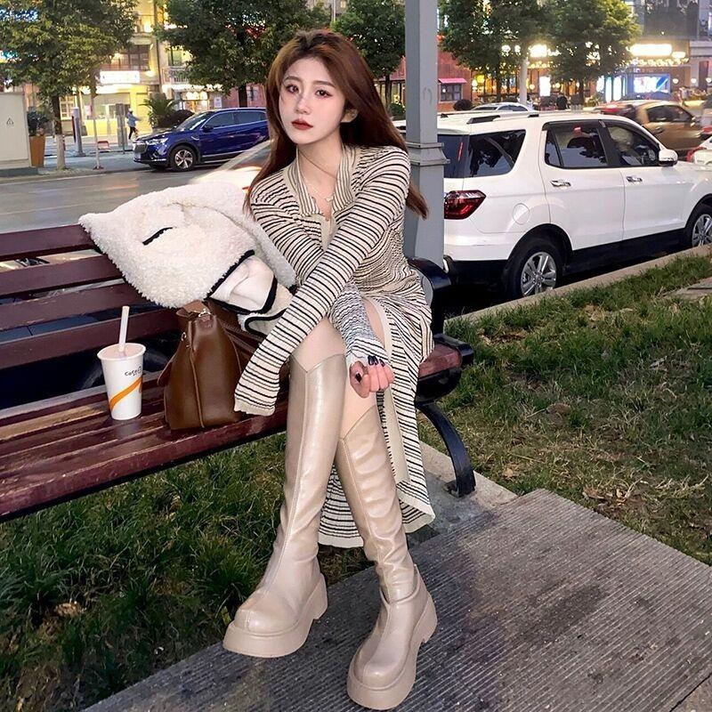 Knitted dress women's outer wear spring new medium and long inner fit slim waist and thin split skirt