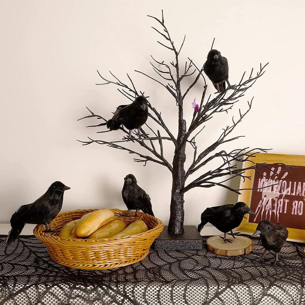 6pcs Halloween Black Crow Ornament with Bird Nest Realistic Handmade Crow Halloween Decoration Supplies