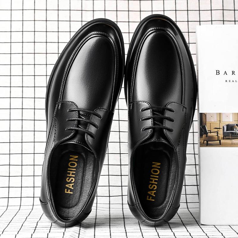 Large Size Black Lace-up Four-season Leather Shoes Dress Work Non-slip Round Head Business Dad Shoes Retro Style