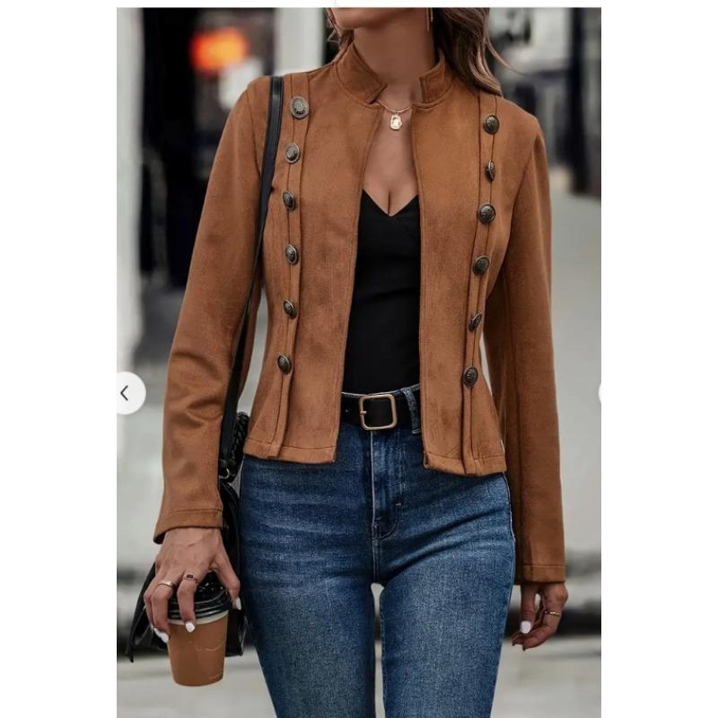 Womens Retro Solid Color Double Breasted Suede Long Sleeve Jacket S коричневый