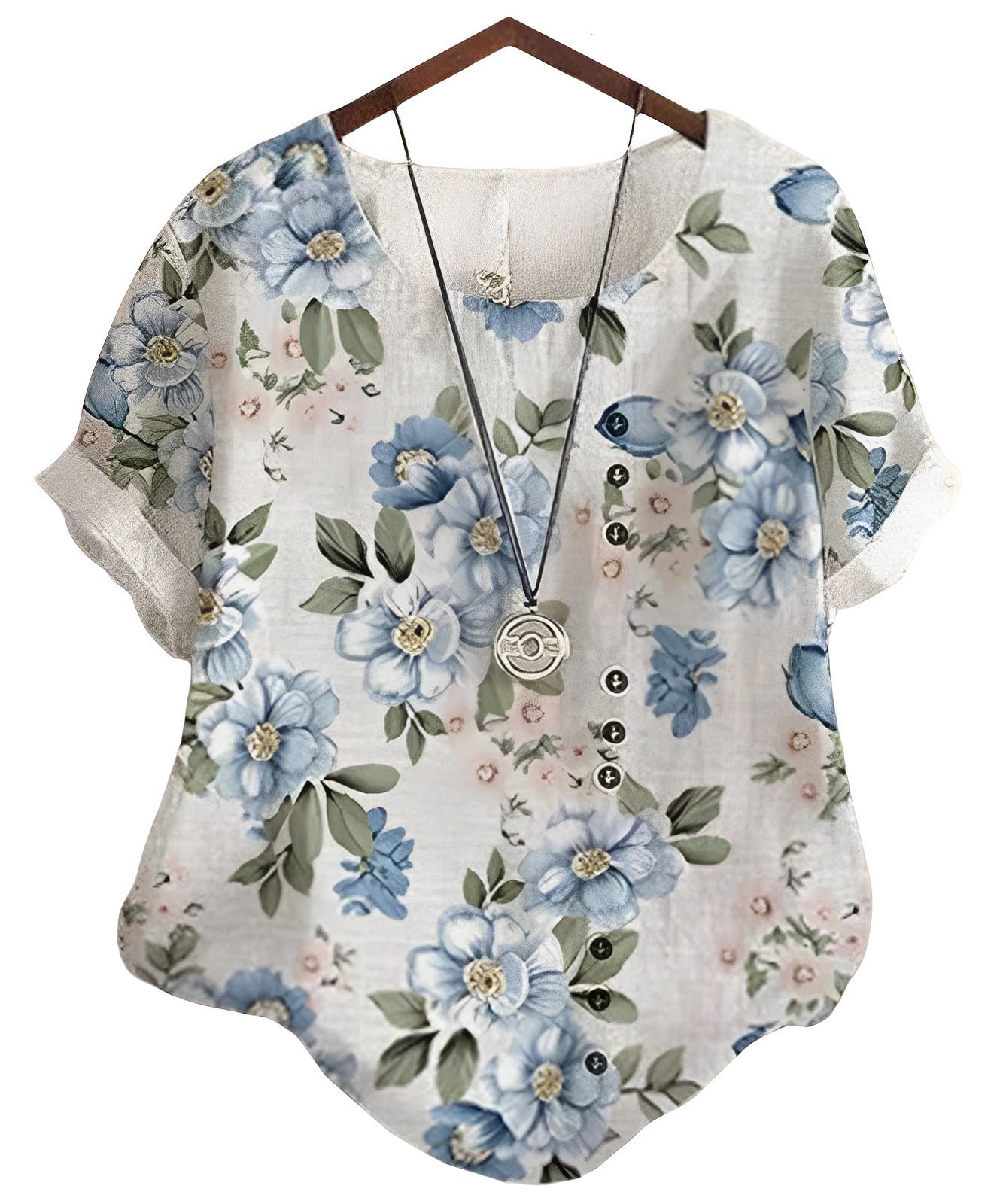 

Ботанический цветочный лист короткий декоративный короткий храм [Second Roots] блузка, принт, узор, узор, рукава, пуговицы, нижнее белье, топы, лето, синий