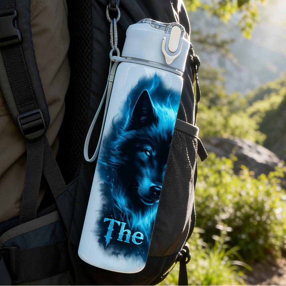 1PC Blue Wolf Night Glow Animal Print 750ml Color Plastic Sports Water Bottle Leakproof Flip Straw Lid Suitable for Sports Office Home Use