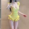 Yellow Ruffled White Steel Support One-piece Swimsuit Women Small Chest Sexy Slimming Holiday Seaside Beach High-grade Feeling
