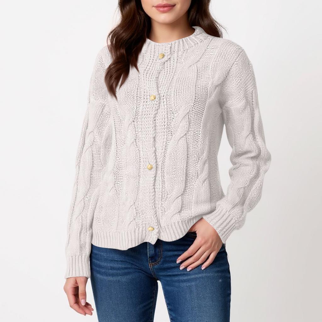 Damen Rundhals Langarm Zopfmuster Strickjacke Einfarbig Locker Gestrickte Strickjackenpullover Jacke