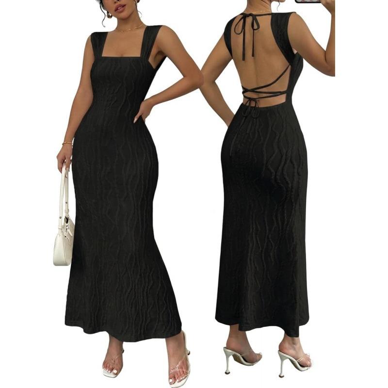 European and American backless lace-up slim-fitting dress women s 2026 summer new elegant evening dress skirt S чёрный