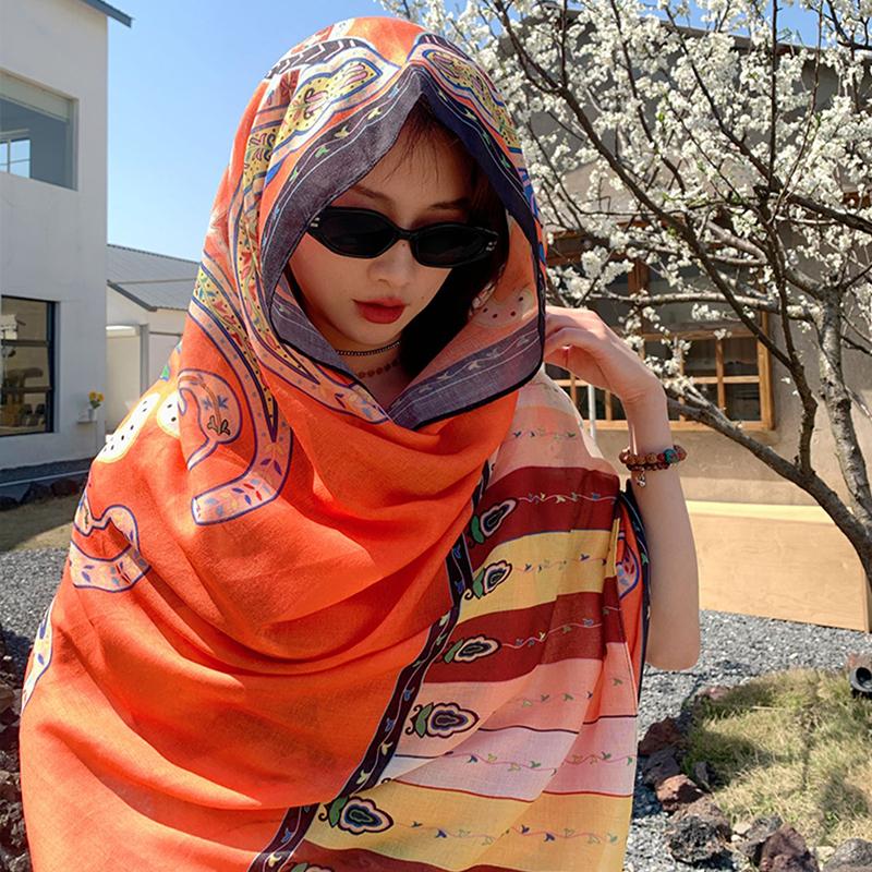 New Summer Elegant Women Silk Scarf Beach Long Wrap Shawl Vintage Print Lady Sunscreen Bandana Hijab Mujer Scarve Pareo Foulard