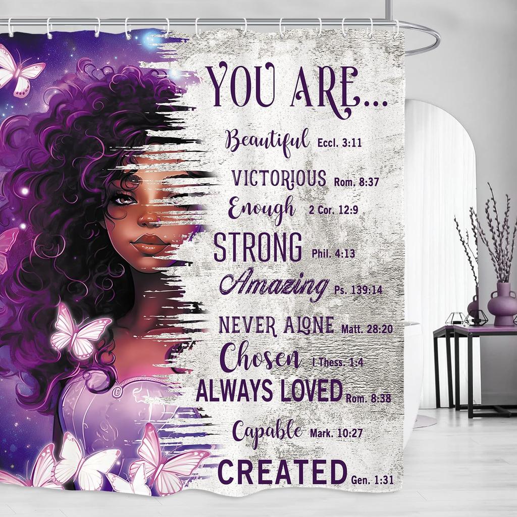 African American Flower Shower Curtain, Black Girl Marble Design, Inspirational Motivational Print, Waterproof Polyester