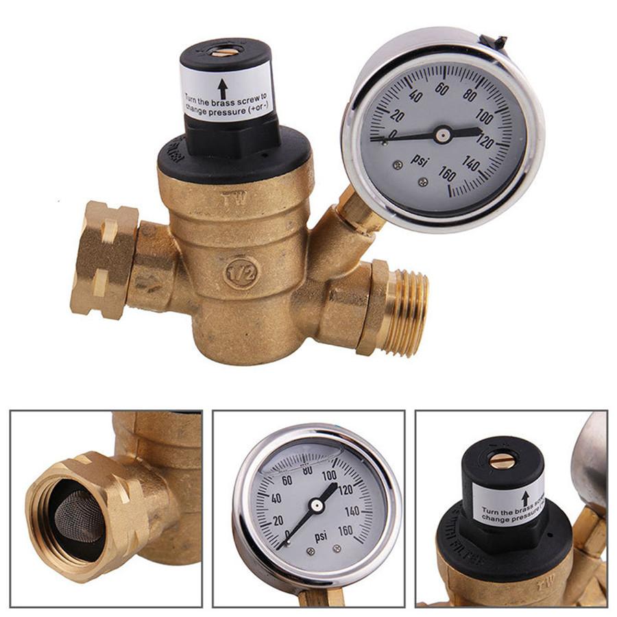 M11-0660R 3/4 "Water Pressure Regulator Valve Brass Lead-Free Adjustable Water Pressure Reducer with Gauge for RV Camper, and Inlet Screened Filter