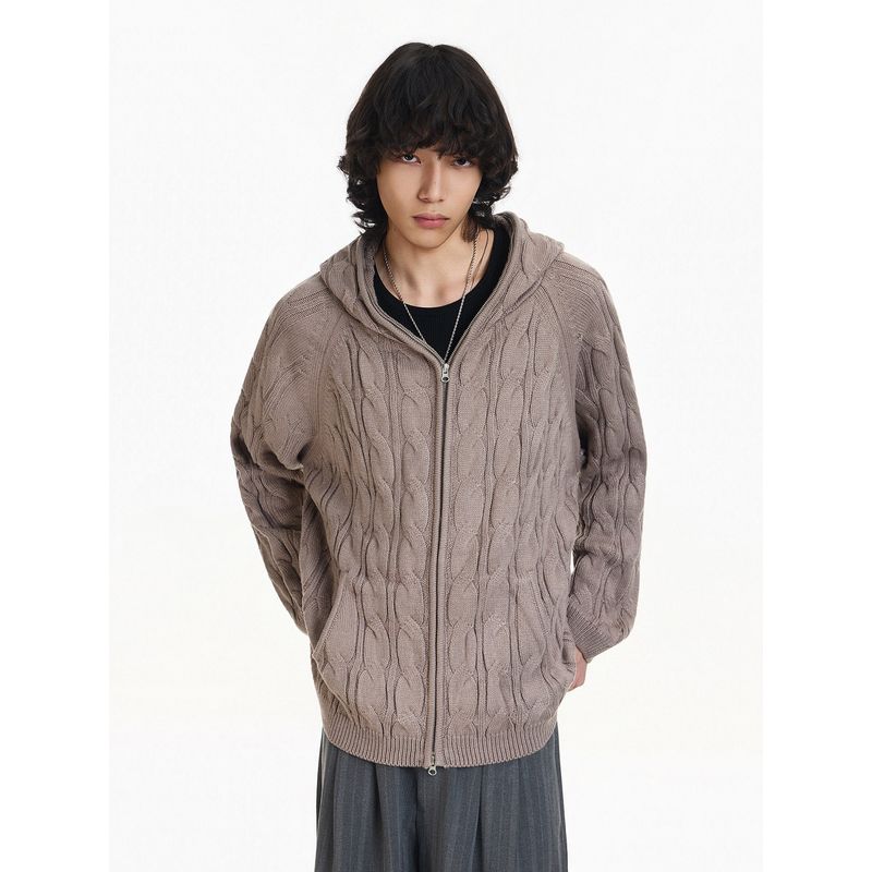 Blaexit American Retro Textured Khaki Hooded Knitwear for Men and Women, Autumn and Winter Zipper Knitwear Jacket