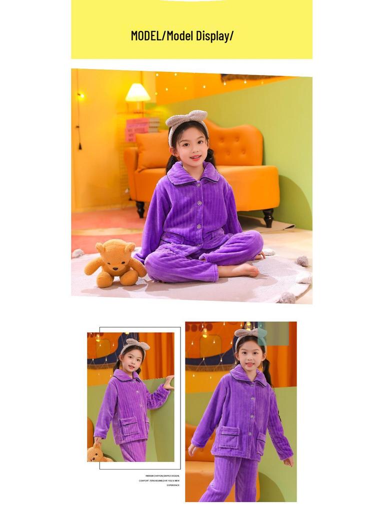 Kinder Flanell Pyjama Set - Korallfleece, Herbst/Winter Kleidung, Verdickt für Jungen & Mädchen