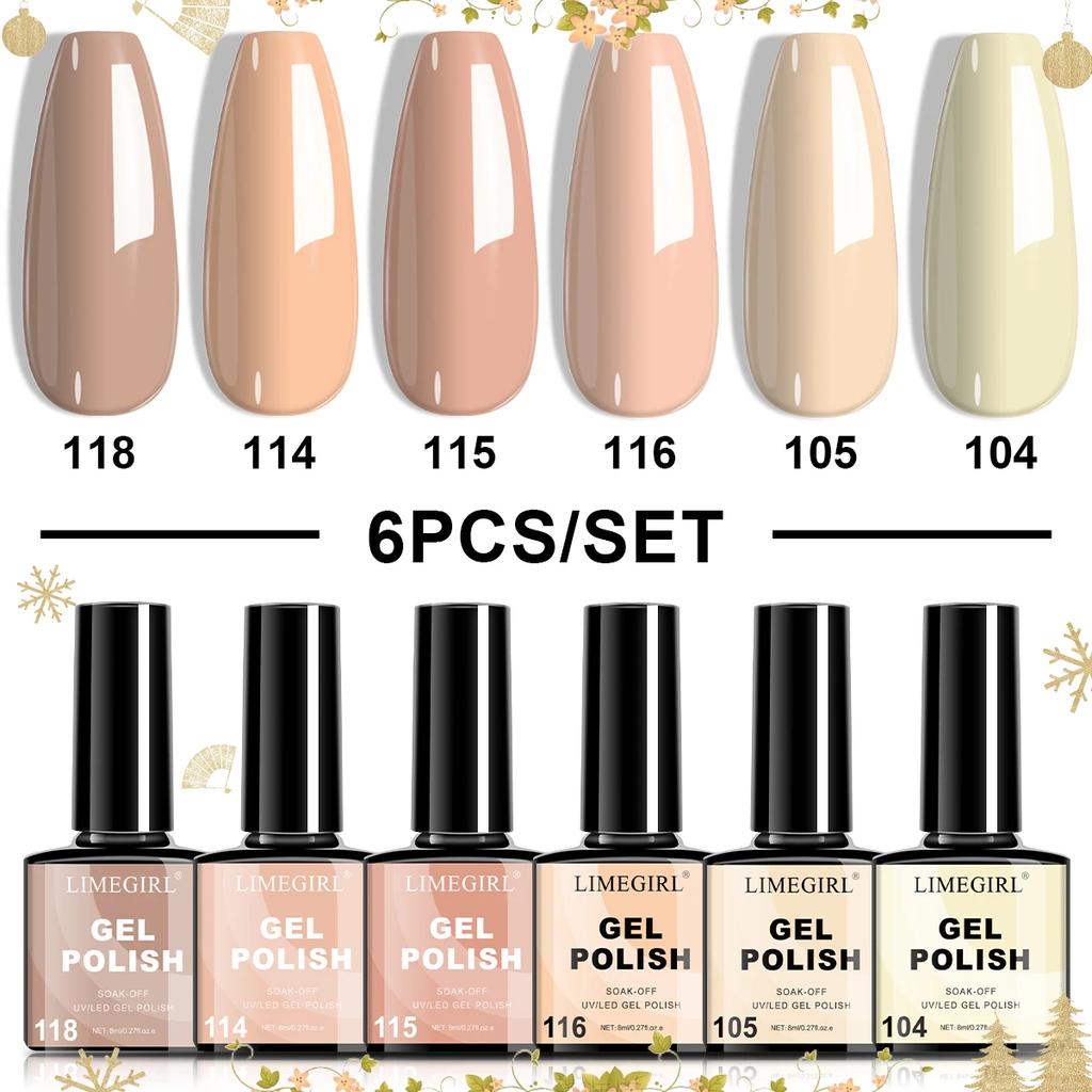 LIMEGIRL 6Pcs Gel Nail Polish Set Christmas UV Nail Polish Semi-Permanent Soak Off UV LED Varnish Nail Art Gel Kit