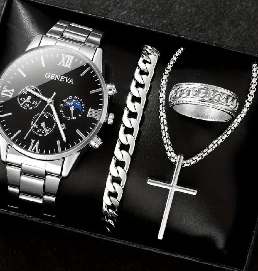 Men S Business Watch Fake Three-Eye Calendar Roman Scale Quartz Watch Cross Necklace Bracelet Ring Set