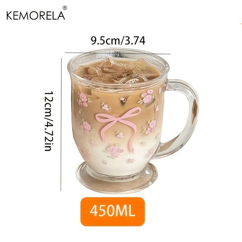 KEMORELA 1/2 ST Blomma Ros Rosett Mönster Glas 450ml Multifunktionell U-formad Handdiskbar Återanvändbar Glas Lämplig För Kaffe