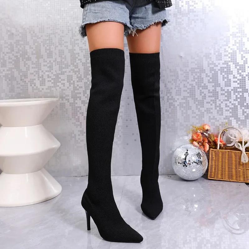 Fashion Women's Slim Heel Boots Winter New Mesh Cloth Breathable Over The Knee Anti-slip Wear-resistant Elastic Boots