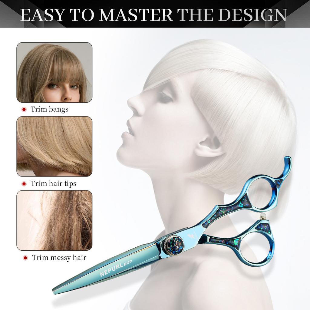 Tijeras de peluquería Neptune Beauty de 6 pulgadas con mango de epoxi azul, tijeras de dientes finos para cortar el cabello.