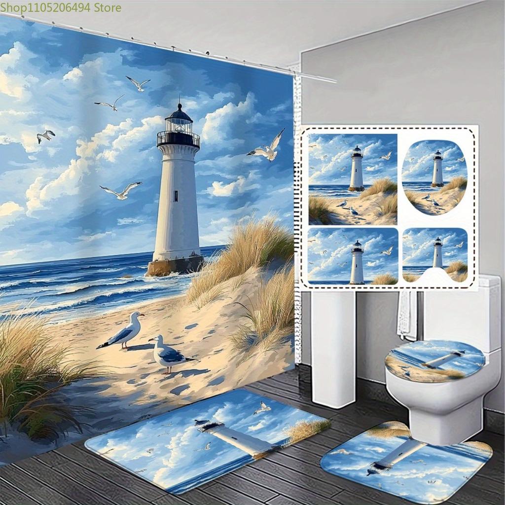 1/3/4pcs Coastal Lighthouse Shower Curtain Set with Non-Slip Bath & Toilet Cover - 2D Flat Design, Machine Washable Polyester,