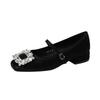 A137-2 new shallow rhinestone 2025 thick heel Mary Jane square buckle flat bottom women's shoes commuter French single shoes women