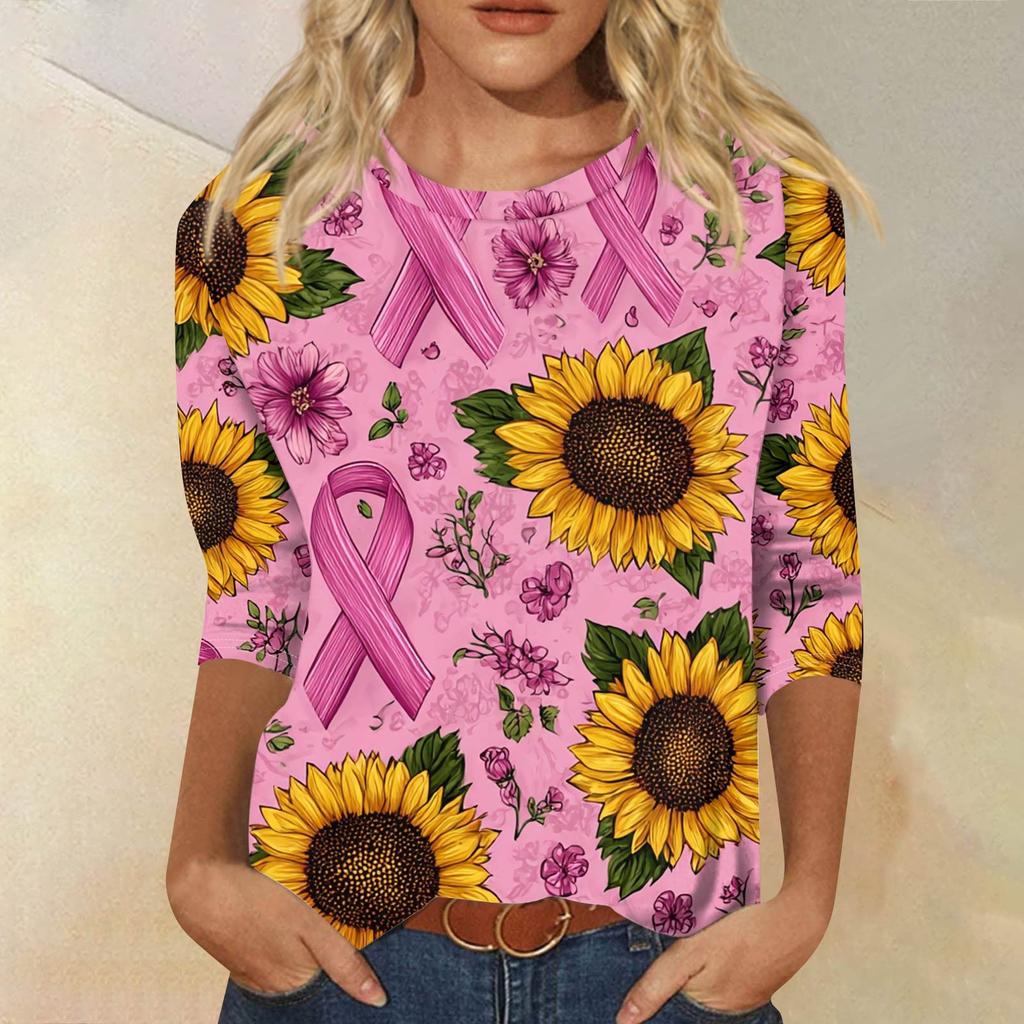 Women's Fashion Casual Seven Split Sleeve Printed Loose Round Neck Top