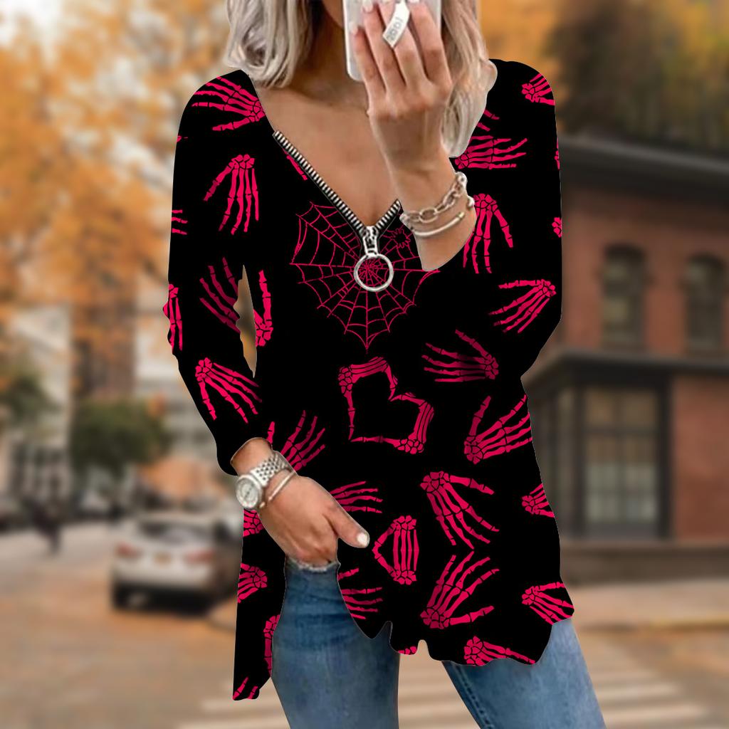 Damer Höst Skelett Handtryckt Långärmad T-shirt Lös V-ringning Plus Size T-shirt Toppar Bekväm Blus