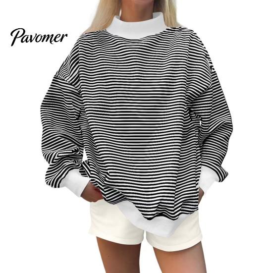 Sporty Workout Tops Women Mock Neck Striped Sweatshirt, Oversized Long Sleeve Pullover Top for Fall, Casual Half Turtleneck Shirt with Ribbed Cuffs