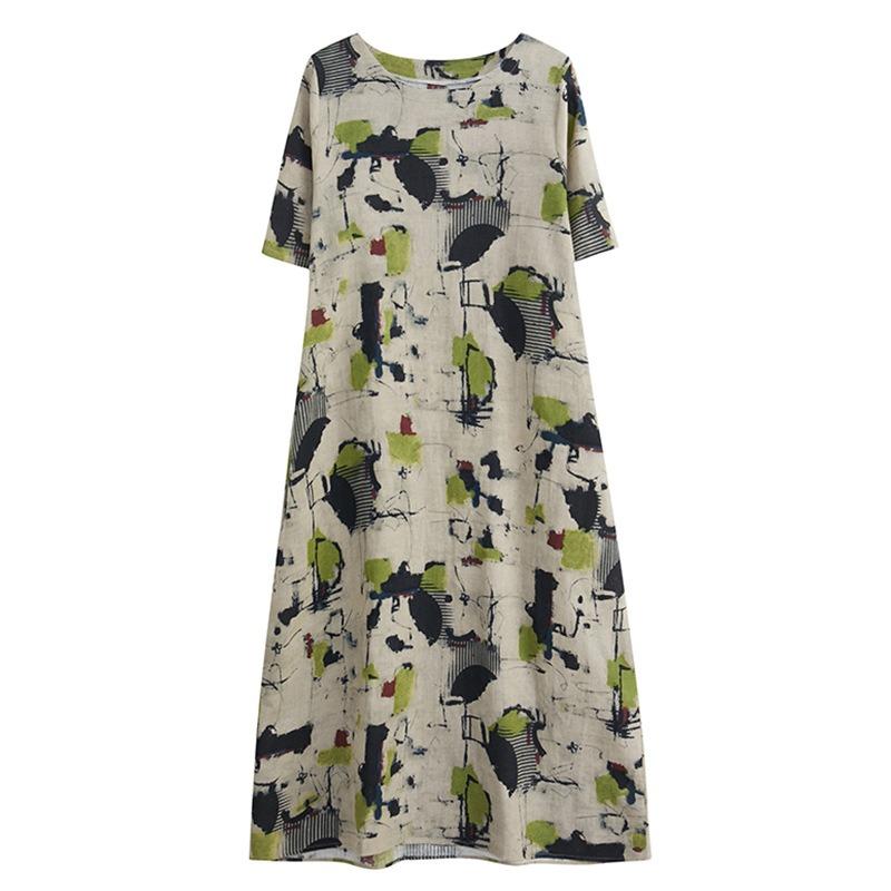 2025 Summer Short Sleeve Loose Printed Women Dress Fashion Casual Simple Elegant A-line Party Dress Female O Neck Office Ladies Clothing