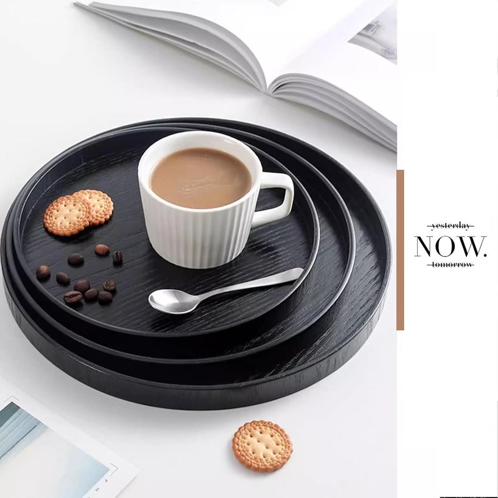 Round Wood Serving Tray, Solid Wooden Decorative Tray Non-Slip Tea Coffee Table Tray Snack Plate Food Meals Serving Tray with Raised Edges for Home