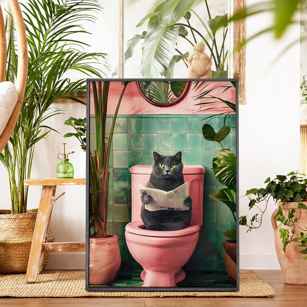 Humor Funny Cats Reading The Newspaper on Toilet Art Canvas Print Painting Poster for Living Room Bathroom Home Wall Decoration