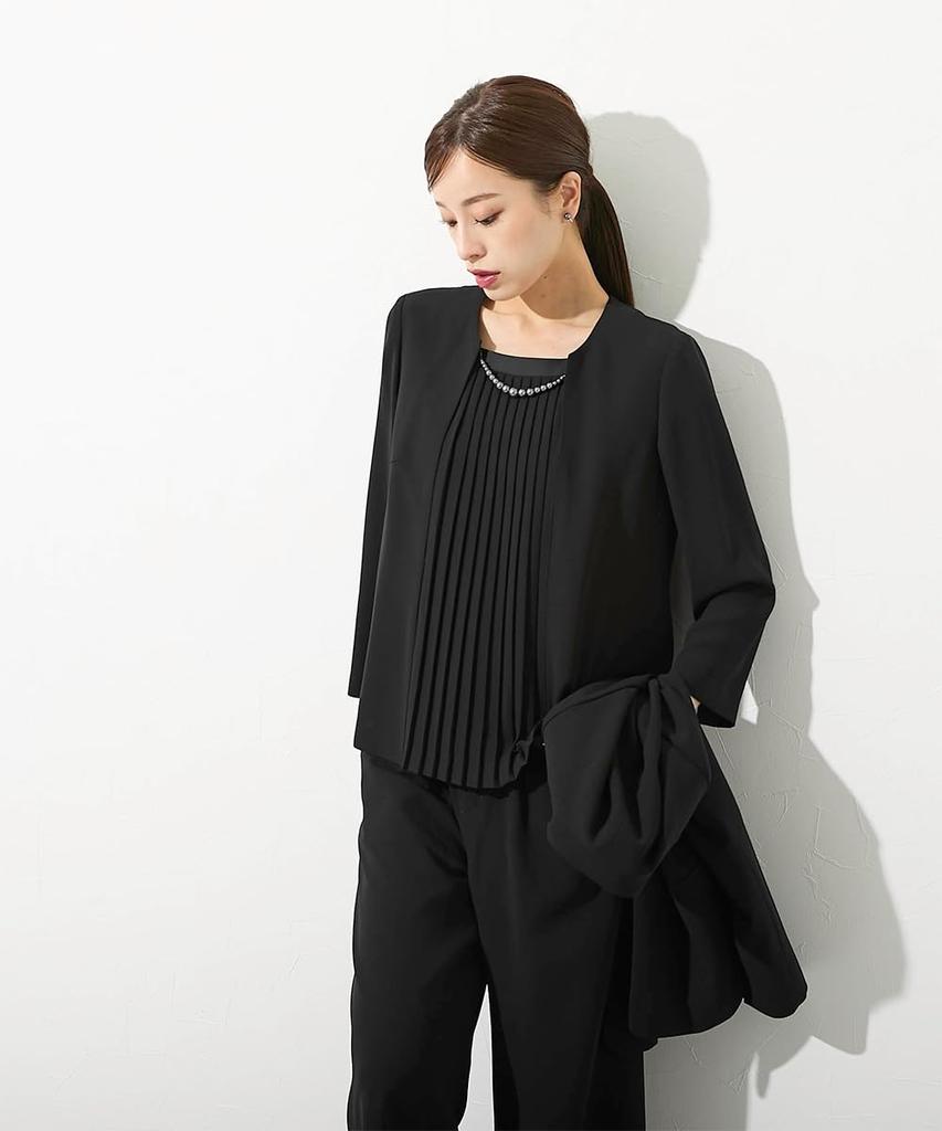 Nissen Black Formal Collarless Jacket and Wide Pants Suit Pleated Blouse Wide Available In Plus Size 4L Women's Mourning/Formal Wear, Washable,