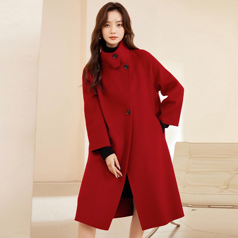 Women's Extra Long Stand Collar 100% Wool Coat - Double-Faced, Loose Fit, Fashionable Autumn/Winter Wear