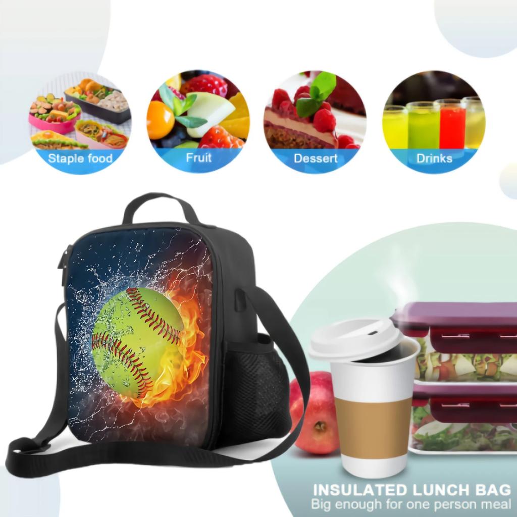 Yellow Baseball Ball In Fire And Water Insulated Thermal Lunch Bag for Kids Washable Tote Lunch Container for School Travel Work