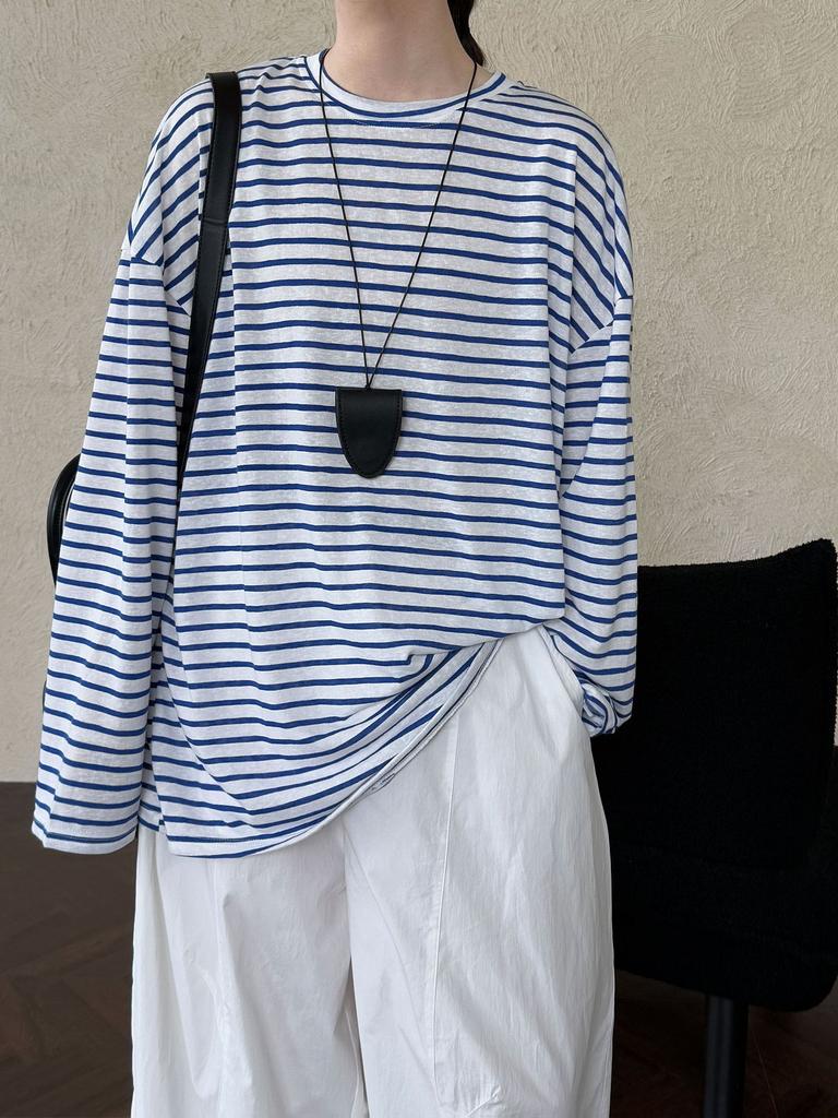 Johnature Korean Lazy Loose Striped Long Sleeve Women Autumn Versatile Base Casual O-neck Pullover Loose Top T-shirts