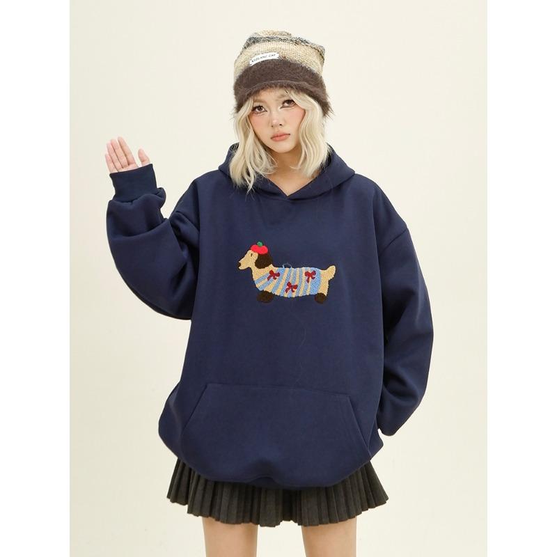 Damen Sweatshirt Streetwear Paare Oberteile Lässig Lockerer Hoodie Herbst Winter Cartoon Hund Kapuzenpullover 120 white