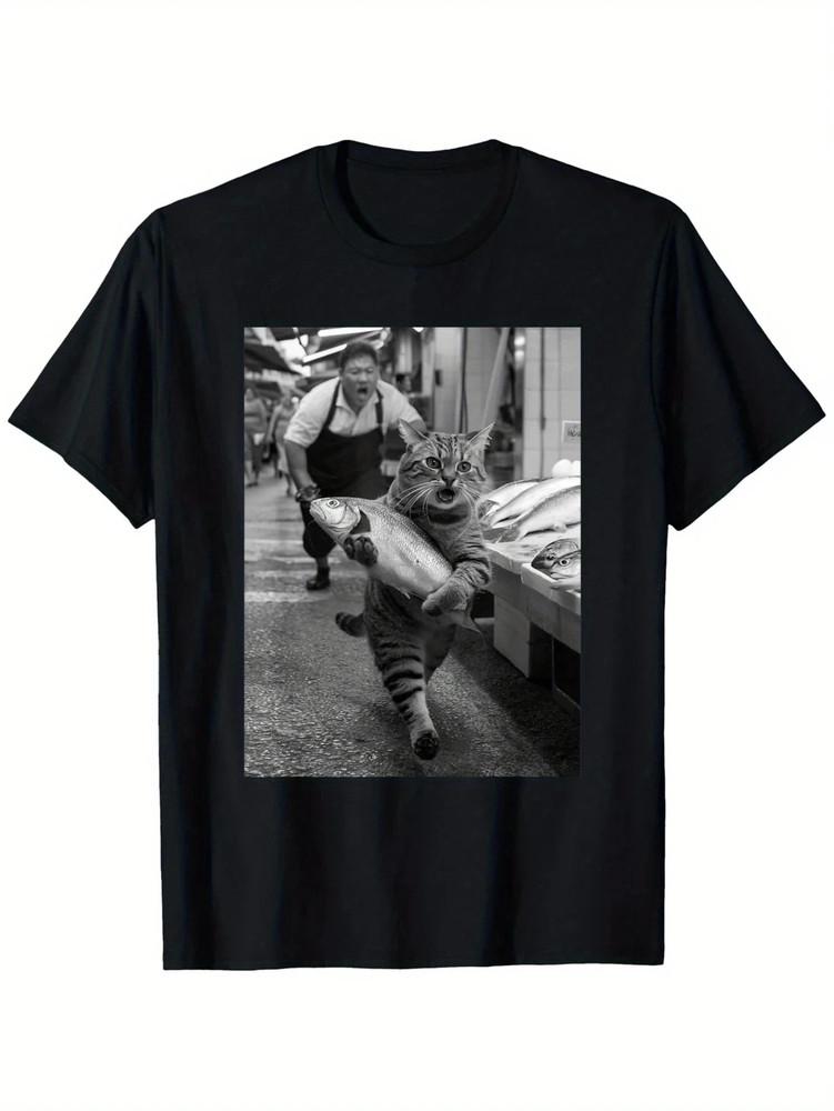 

Cat Steals Fish Market Black & White Meme T-Shirt 3XL