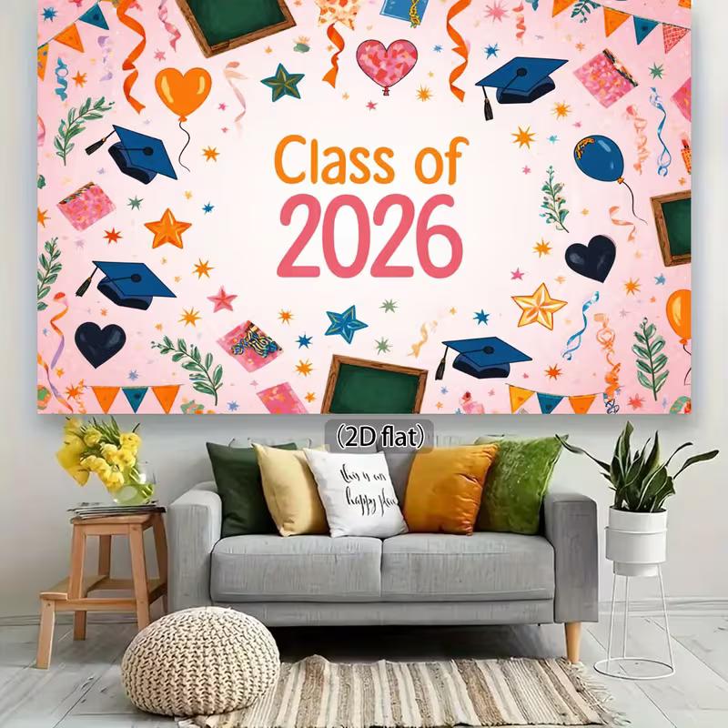 2D Class of 2026 Grad Banner, Cute Pink Background with Stars