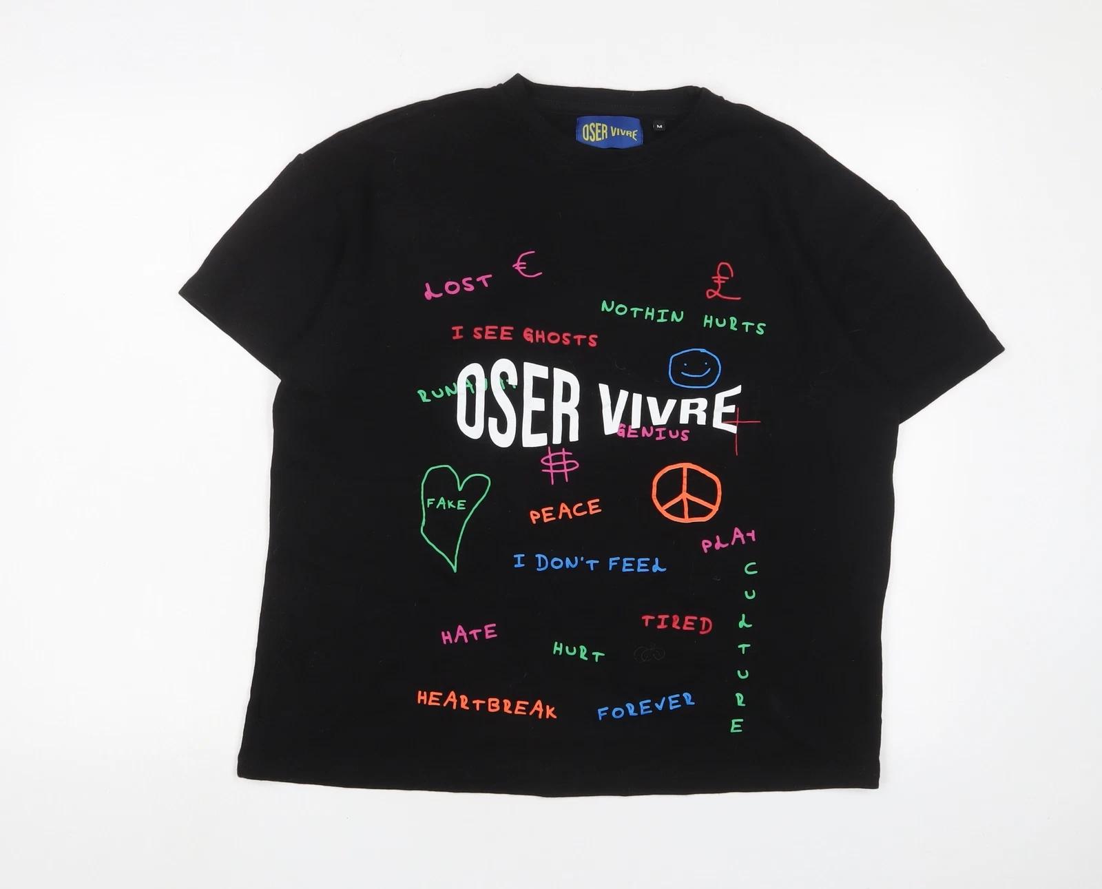 Oser Vivre Womens Black Geometric Cotton Cropped T-Shirt Size M Crew Neck M