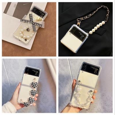 Stylish Bow Pearl Leather Bracelet Chain Phone Case For Samsung Galaxy Z Flip 4 Z Flip 3 Clear Shockproof Z Flip Cover Para