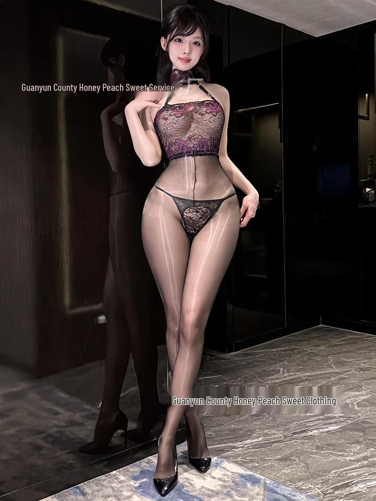 Aurora Sheer Open-Crotch Lace Halter Bodystocking - Silky Black