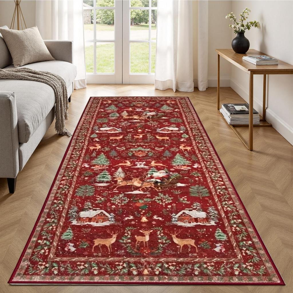 Christmas Rug Non-Slip Winter Holiday Festive Floor Mat Soft Christmas Tree Santa Claus Carpet for Indoor Bedroom Dining Room