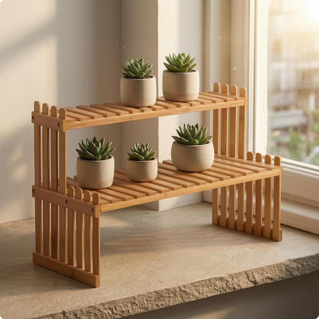 DoubleLayer Bamboo Plant Stand OpenSided Slatted Shelf Rectangular Garden Furniture