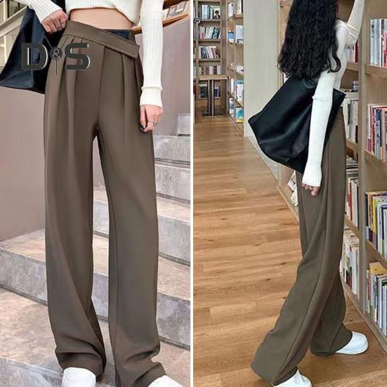Women Suit Pants Straight Wide Leg Loose High Waist Solid Color Formal OL Commute Full Length Fasten Tape Adjustable Waist Lady Formal Trousers